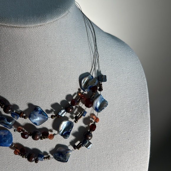 Handmade Wire Blue and Brown Beaded Layer Necklace - Picture 7 of 7